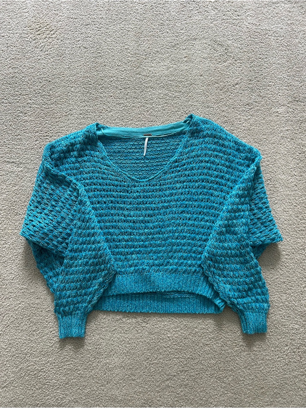 Free People Cropped Open-Knit V-Neck/Off the Shoulder Sweater Teal Blue